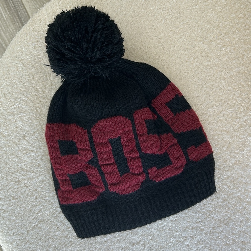 NWOT BOSS Pom Beanie Maroon and Black